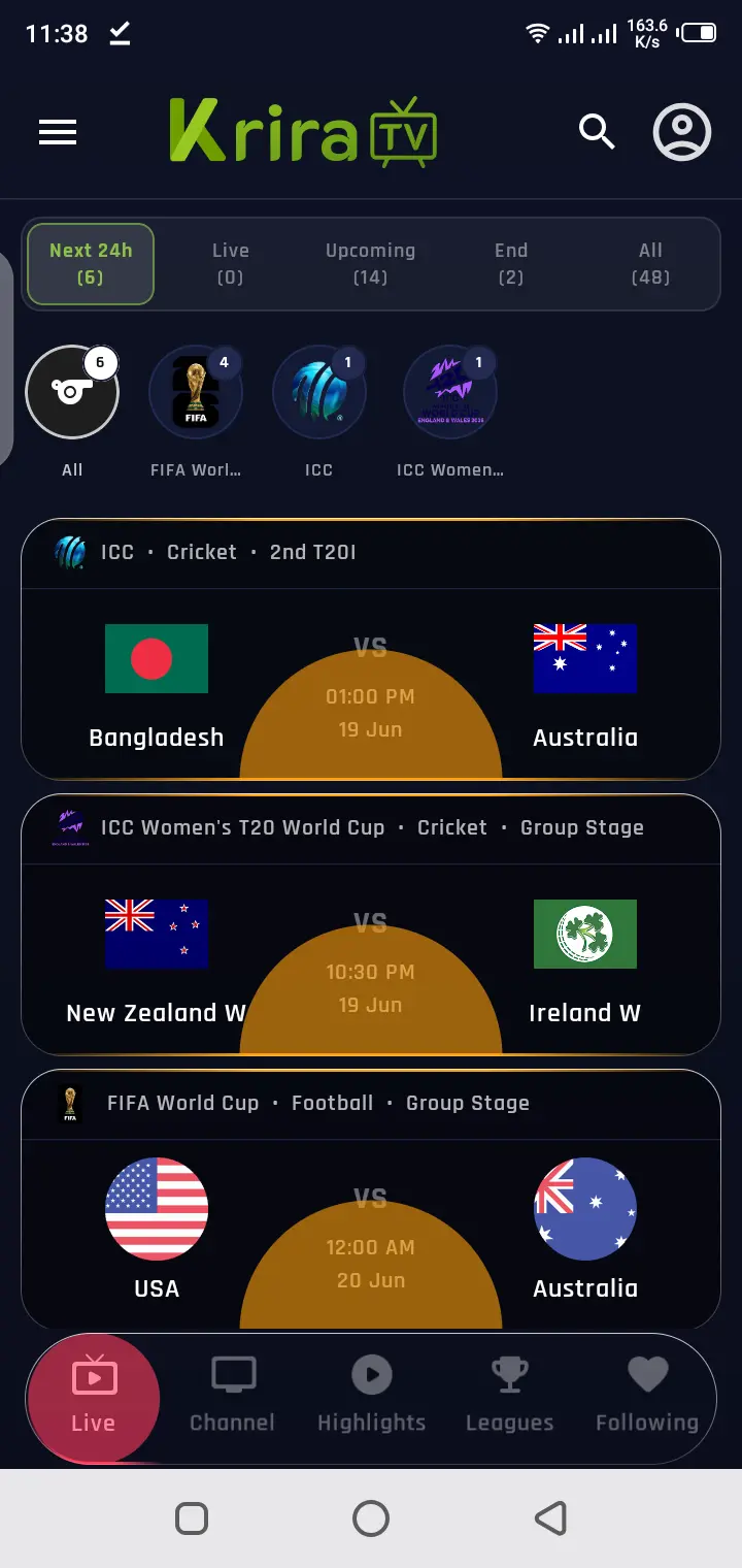 Screenshot of Krira TV APK home screen with live sports categories