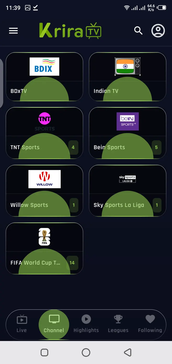 Screenshot of Krira TV live sports streaming interface on Android