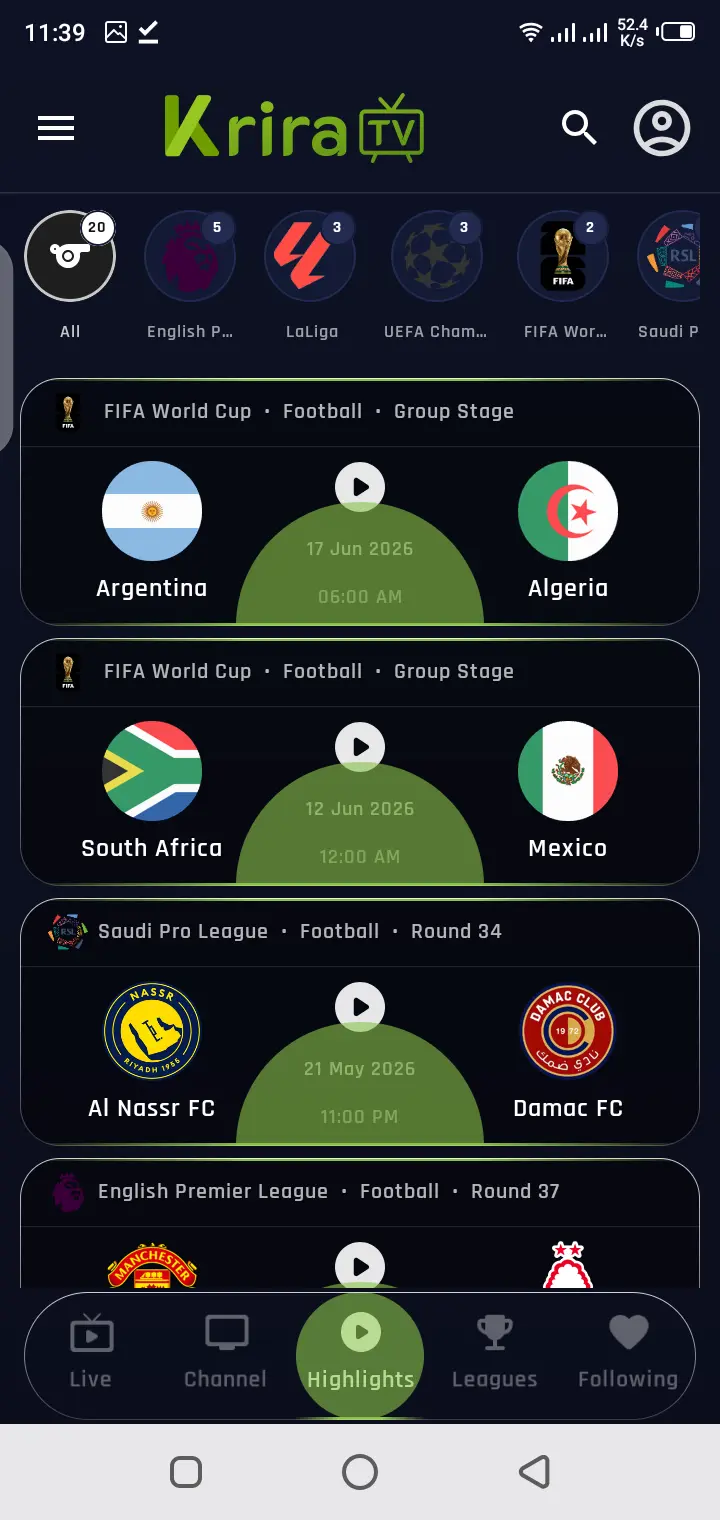 Screenshot of Krira TV APP channel browsing and content navigation